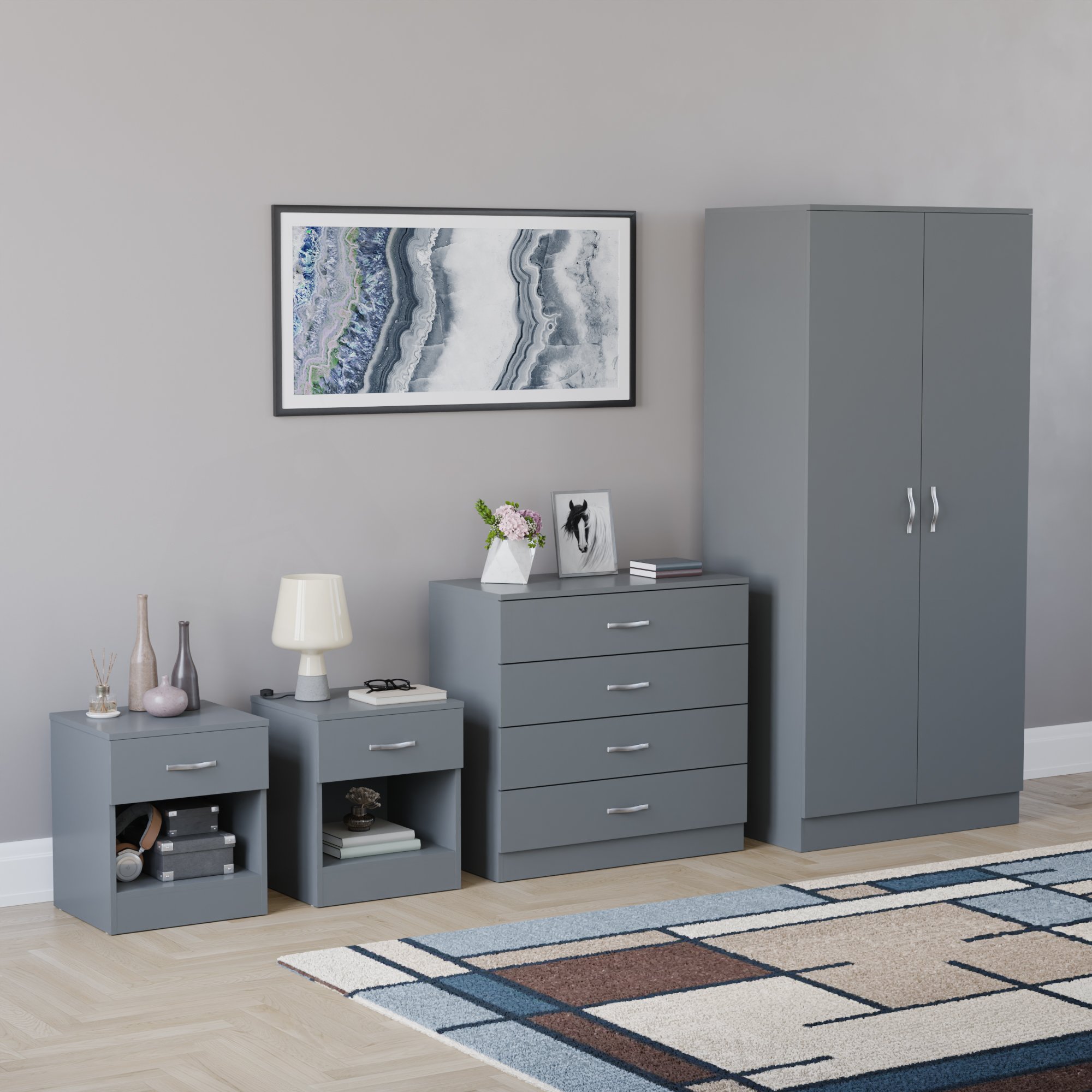 Vida Designs Riano Bedroom Set (Bedsides, 4 Drawer Chest, 2 Door Wardrobe)-Grey