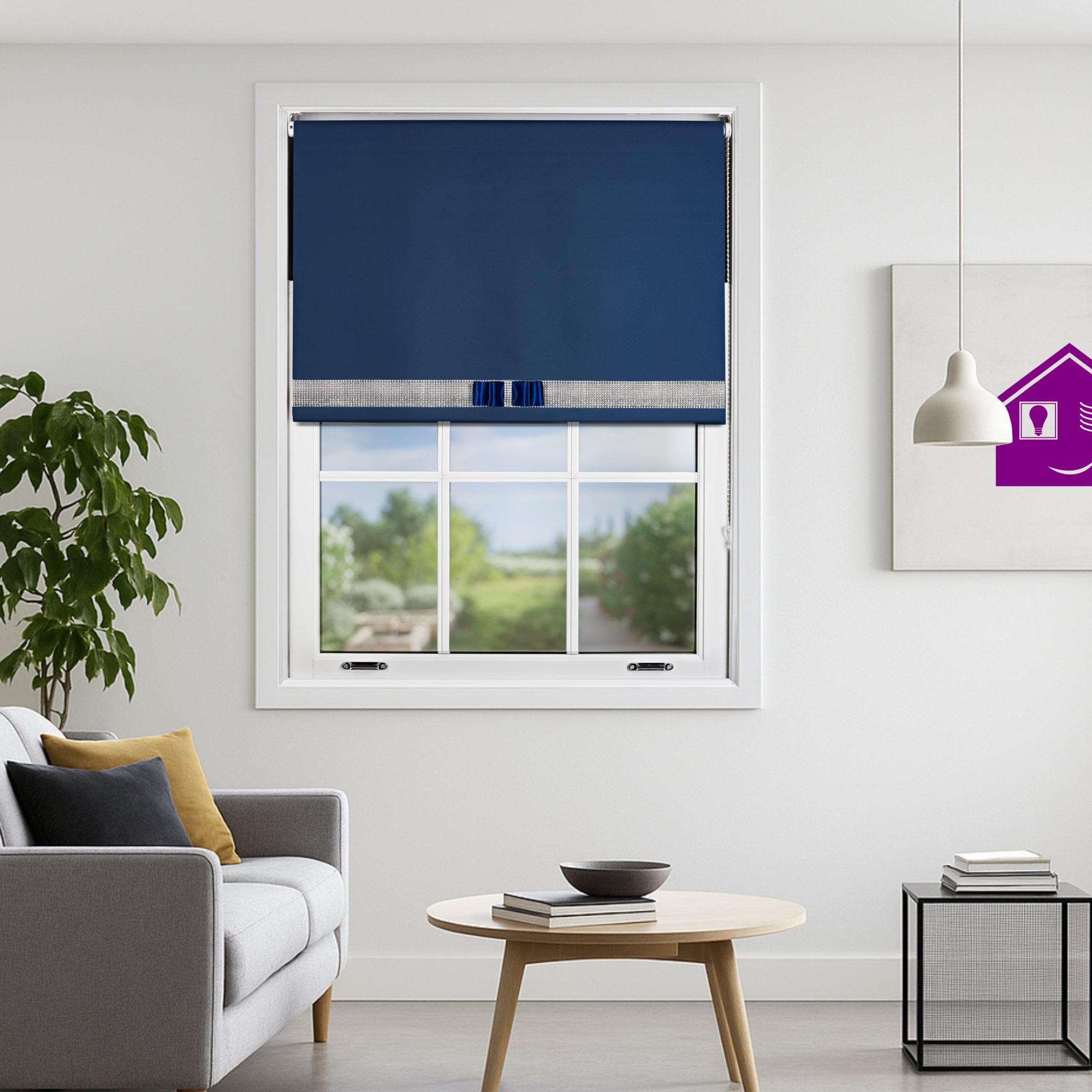 Furnished Navy Blue Blackout Roller Blind Diamante Strip and Bow - 60 x 165cm