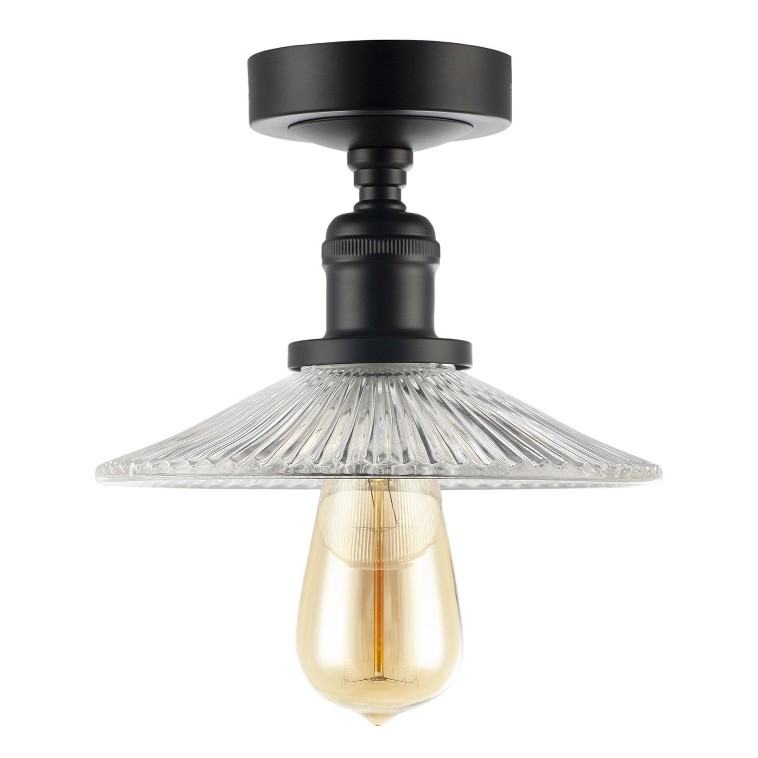 Happy Homewares Vintage Matte Black with Fluted Clear Glass Ceiling Light - 21cm
