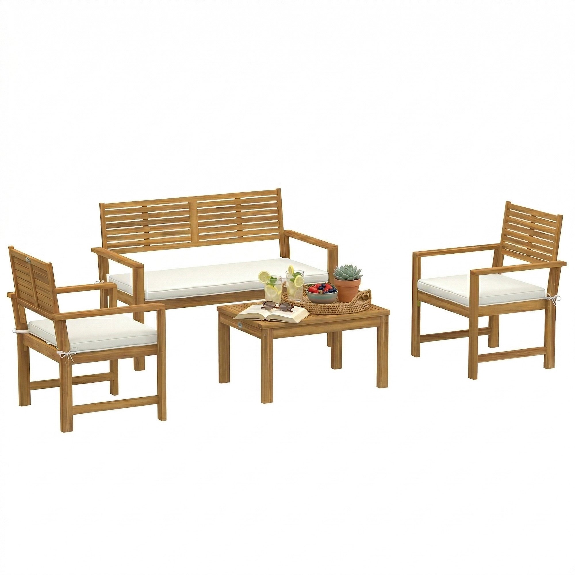 Outsunny 4 Seater Wooden Garden Furniture Set with Cushions - Cream