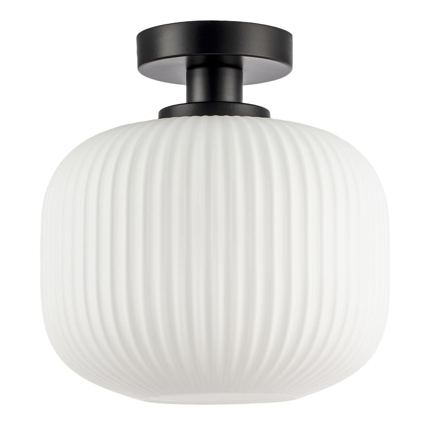 Happy Homewares Matte Black with Opal Ribbed Glass Bathroom Ceiling Light - 25cm