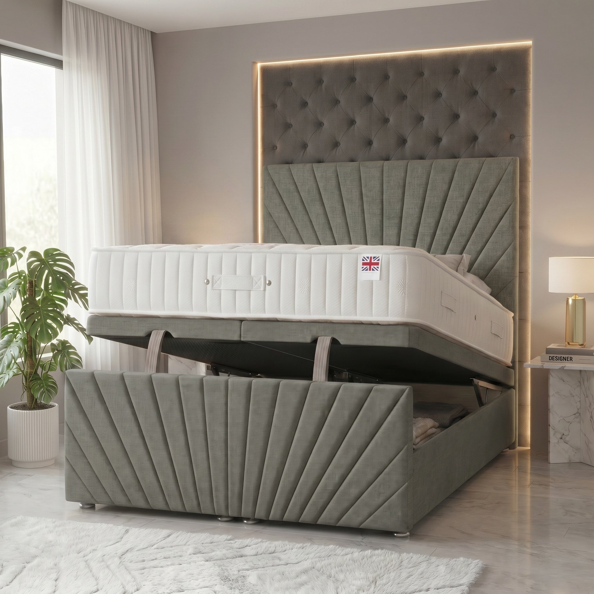 Somnior Linen King Ottoman Divan Bed with Memory Mattress - Silver