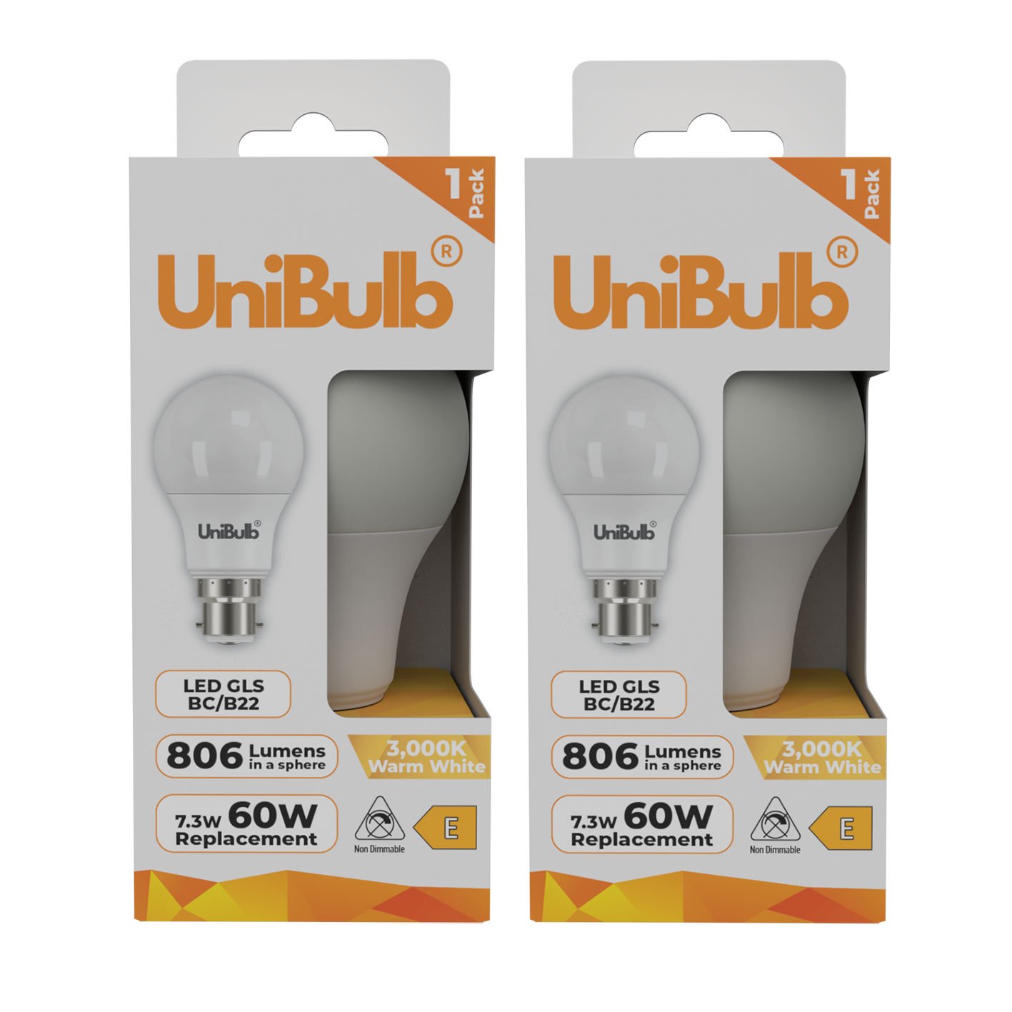 UniBulb 7.3W LED Warm White GLS B22 Light Bulb - Pack of 2