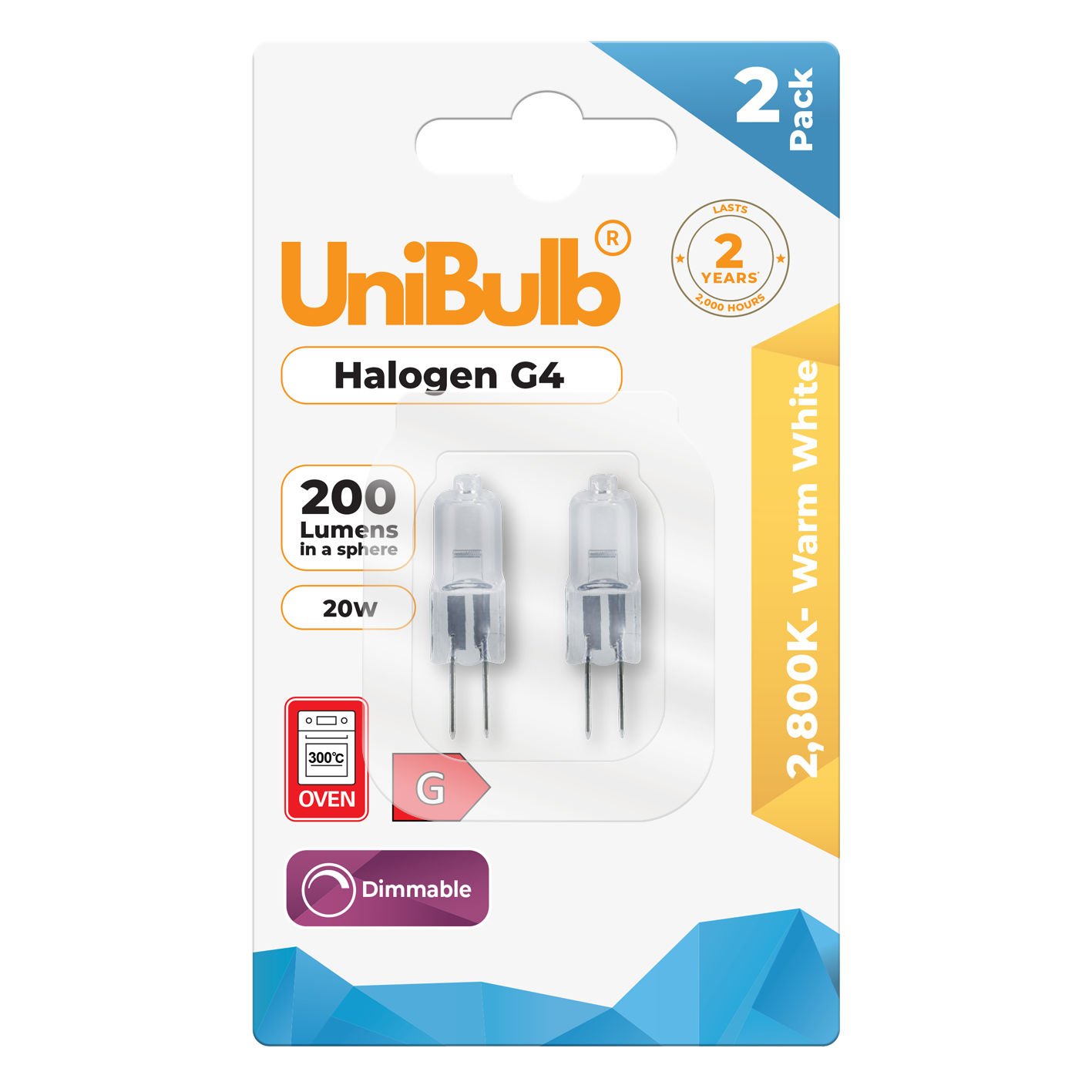 UniBulb 20W Halogen Dimmable Capsule G4 Light Bulb - 2 Pack