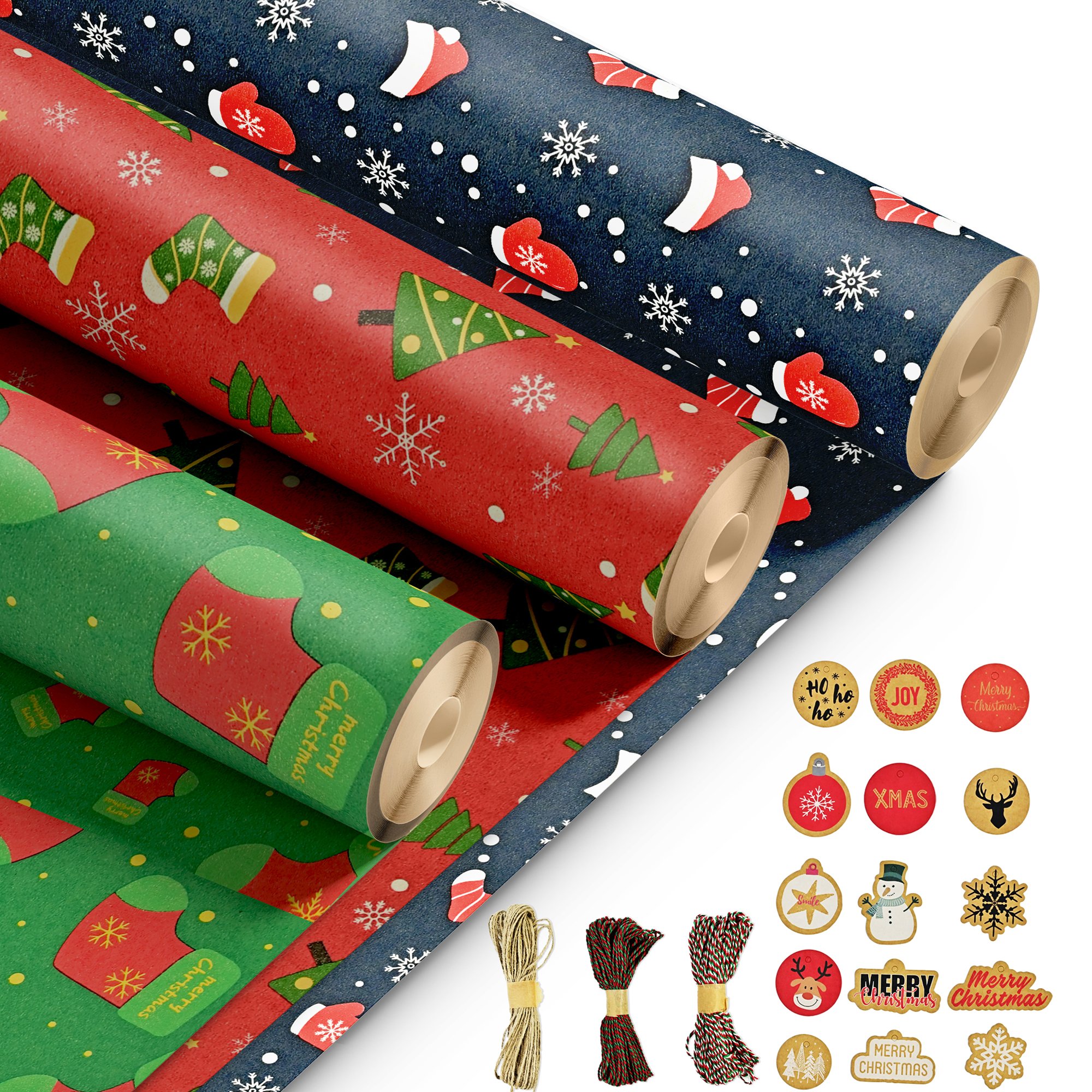 Kraft & Co Pack of 3 69cm x 8m Christmas Kraft Wrapping Paper Rolls - Stocking