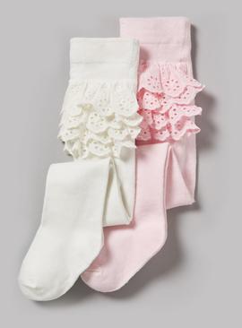 Pink & Cream Frilly Tights 2 Pack 