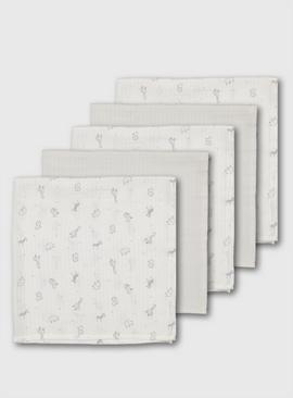 White Safari Animals Muslin Squares 5 Pack - One Size