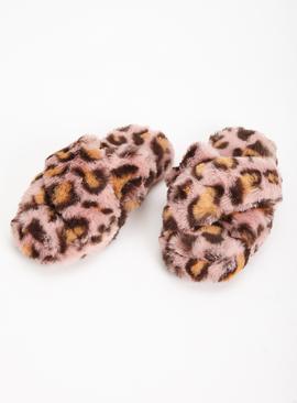 Pink Leopard Print Faux Fur Crossover Slipper