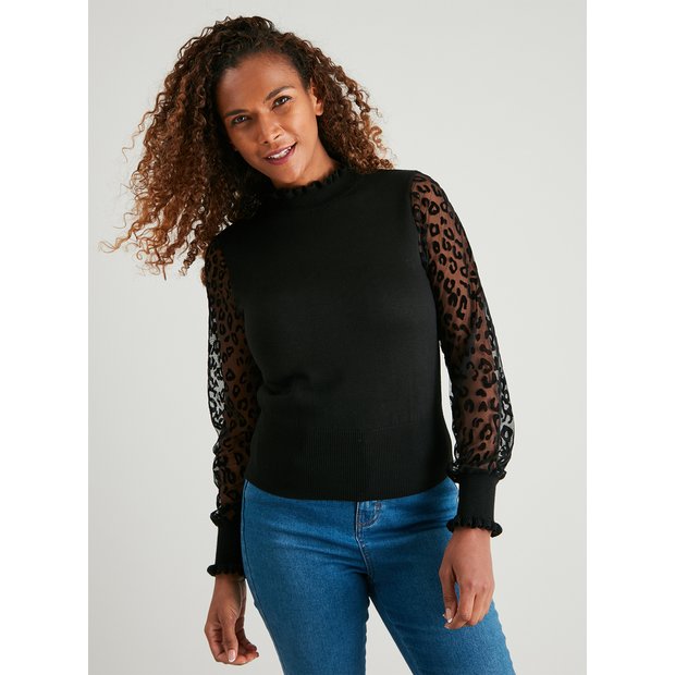 Buy Black Flocked Animal Print Sheer Sleeve Jumper 12 Jumpers Tu