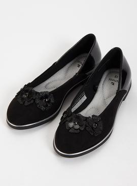 Black Floral Ballerina School Shoes