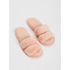 Pink Double Band Faux Fur Slider Slippers