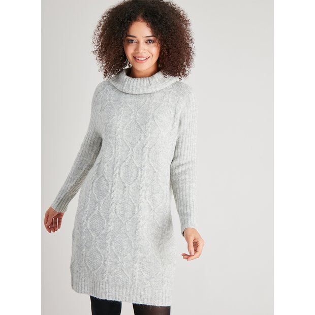 Buy Grey Roll Neck Cable Knit Dress - 12, Dresses