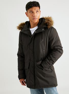 Black Hooded Parka With Removable Faux Fur Trim