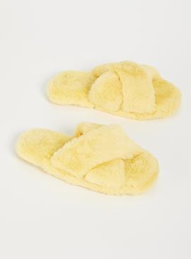 Yellow Faux Fur Cross Over Slider Slippers