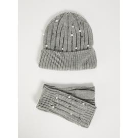 Grey Faux Pearl Hat & Mitten Set - One Size