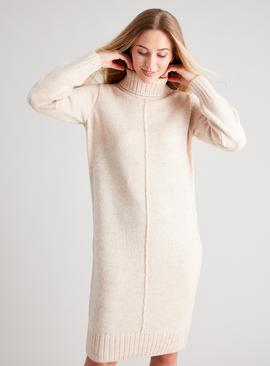 Oatmeal Roll Neck Jumper Dress With Wool