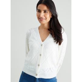 Lush White Pointelle Knit Cropped Cardigan Sweater