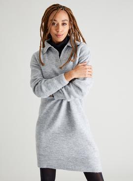 Grey Open Collar Jumper Dress