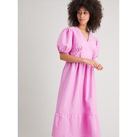 Pink Puff Sleeve Poplin Midi Dress