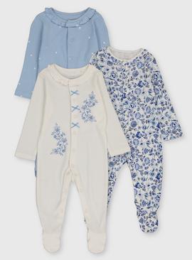 Blue & Cream Frill Neck Sleepsuits 3 Pack