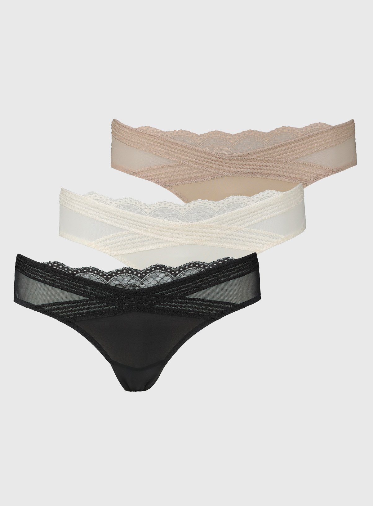 Black, White & Latte Nude Crossover Lace Knicker 3 Pack 