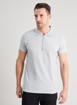 Navy Textured Zip Neck Polo Shirt