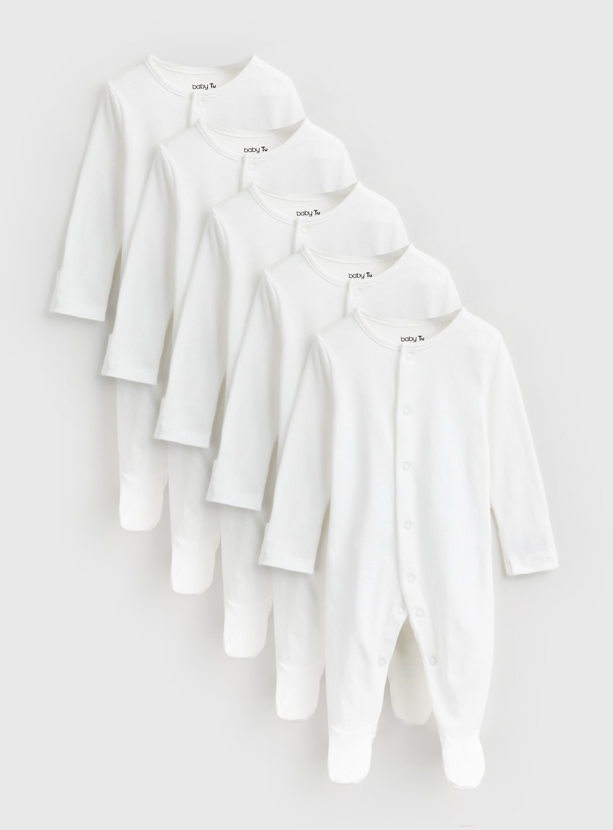 White Long Sleeve Sleepsuits 5 Pack Tiny Baby