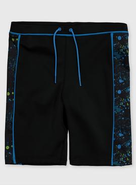 Black Paint Splash Longline Swim Shorts