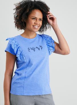 Blue Embroidered Broderie Detail T-Shirt