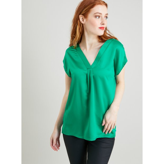 Buy Green Satin Front V-Neck Top 26, Tops