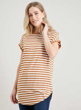 Tan Stripe Embellished Longline T-Shirt