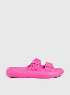 Bright Pink Double Strap Chunky Pool Sliders - 6