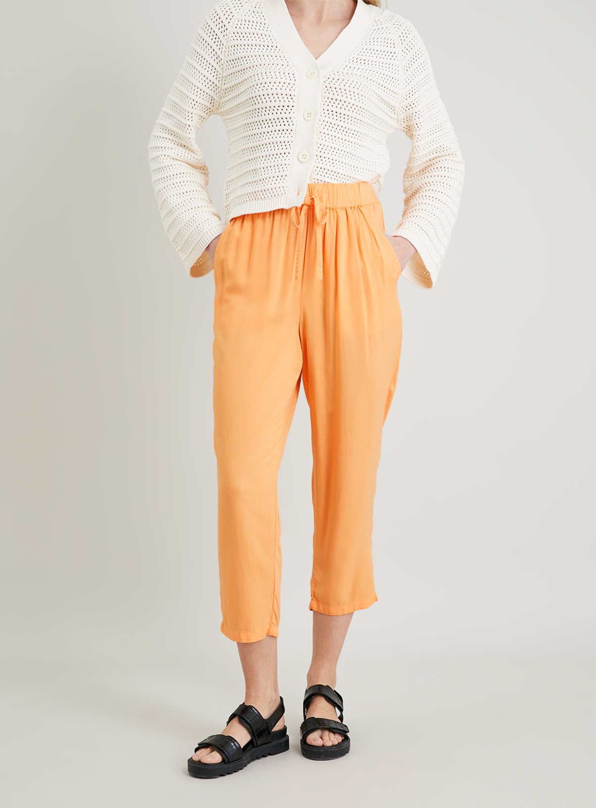 Pale Orange Woven Cropped Drapey Trousers - 20