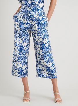 Blue & Cream Floral Coord Wide Leg Crop Trousers 