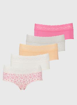 Pink Floral, White & Grey Midi Knickers 5 Pack 