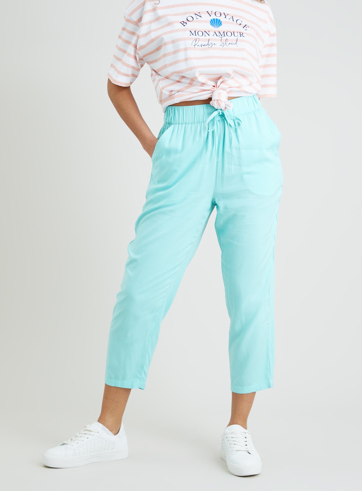 Teal Woven Cropped Drapey Trousers - 22