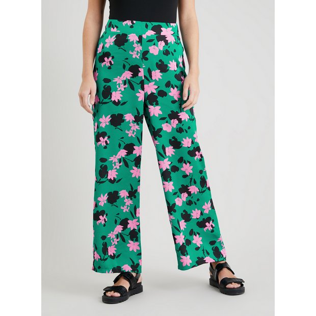 Buy Green Coord Floral Print Palazzo Satin Trousers - 8R, Trousers