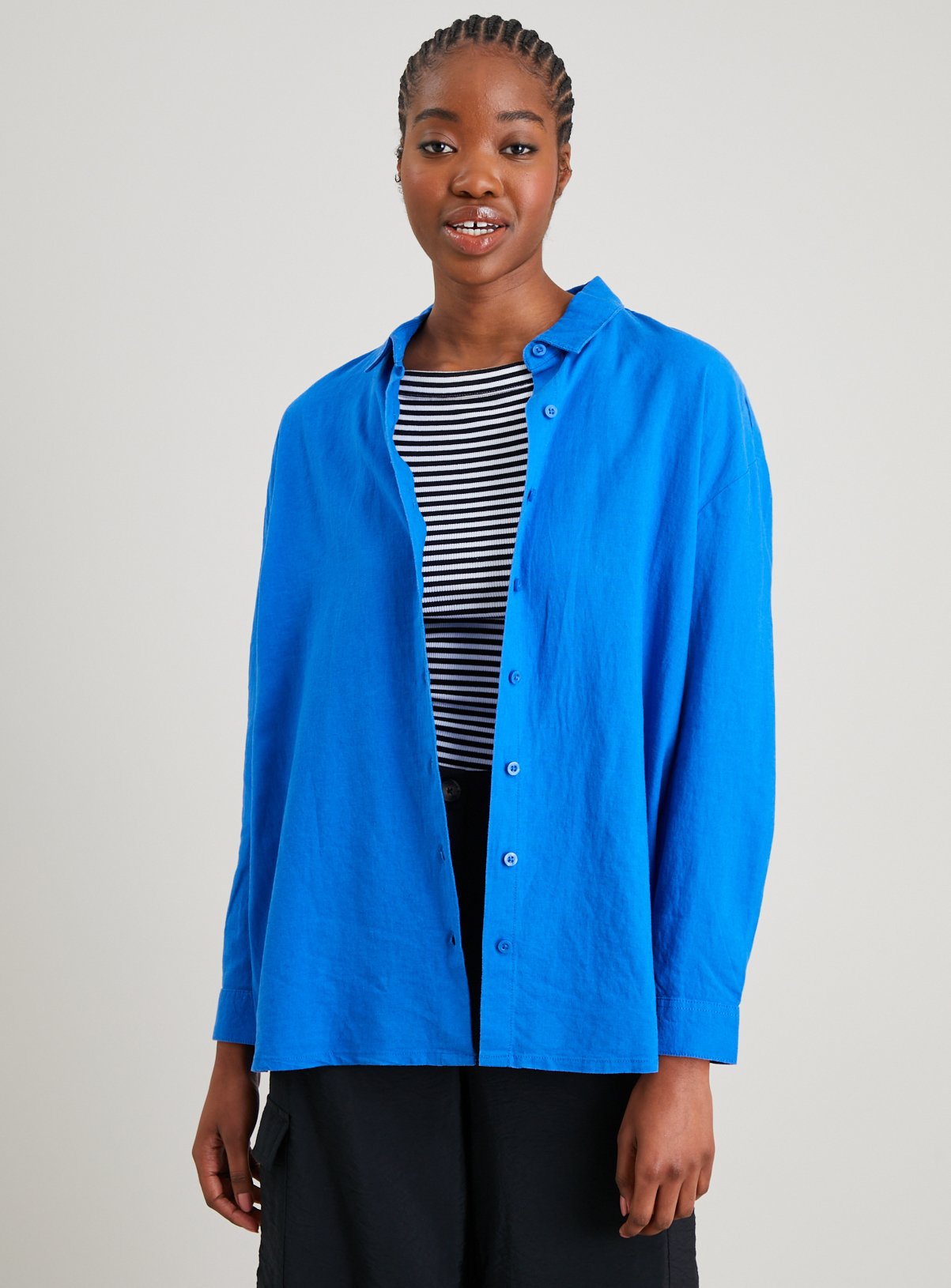 Cobalt Blue Relaxed Fit Linen-Rich Shirt - 18