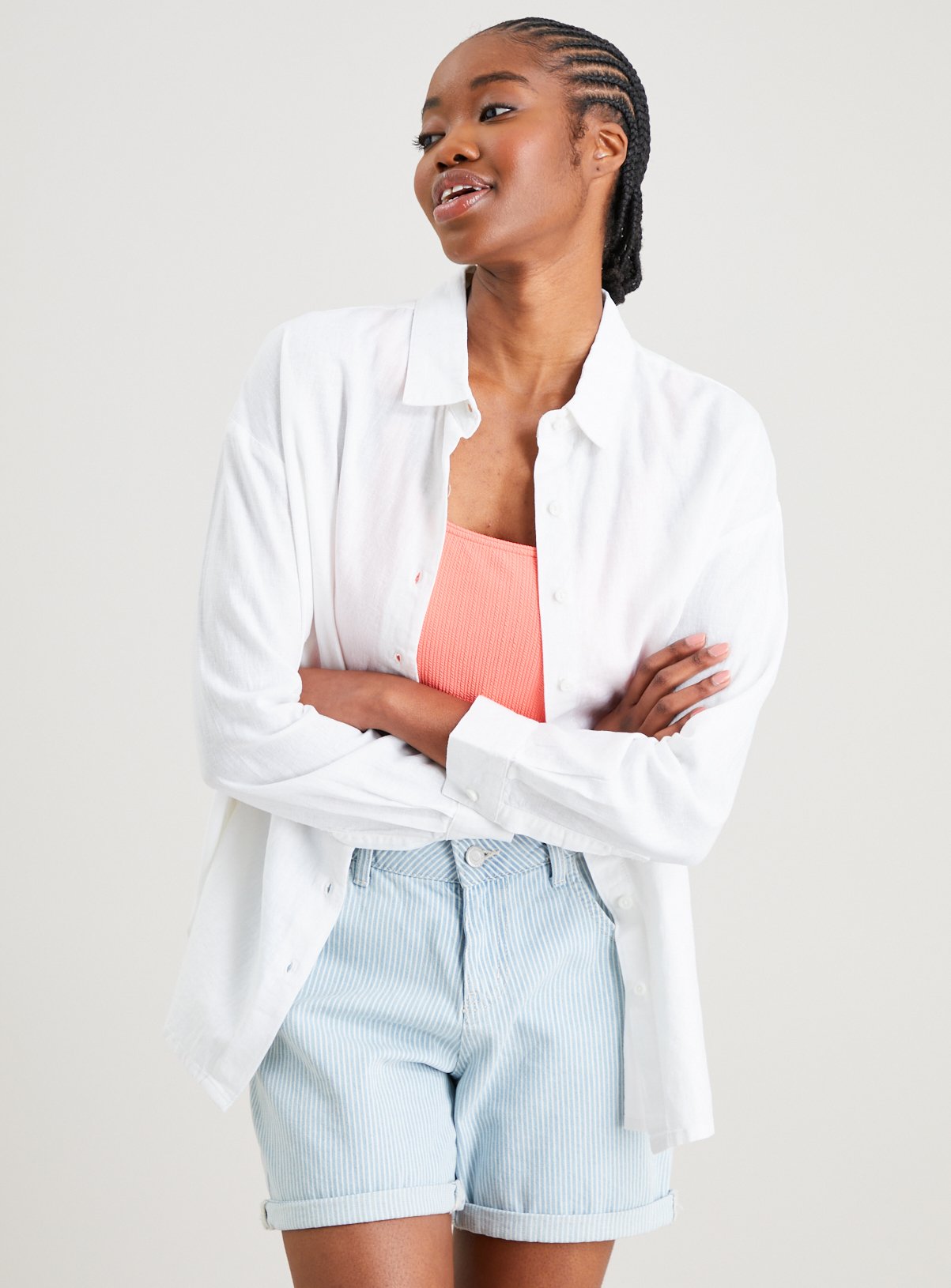 White Relaxed Fit Linen-Rich Shirt - 20