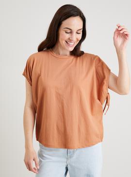 Tan Tie-Sleeve Relaxed Fit Pique Top