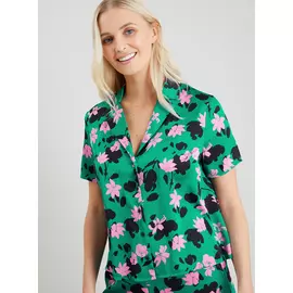 Green Coord Floral Print Boxy Satin Shirt