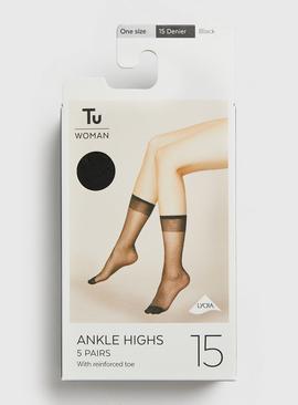 Black 15 Denier Ankle Tights 5 Pack One Size
