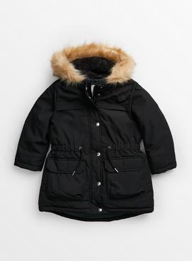 Black Faux Fur Hooded Parka Coat 