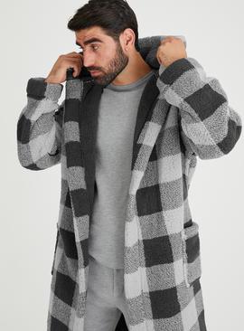 Grey Check Borg Fleece Hooded Dressing Gown 