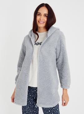 Grey Hooded Zip Through Fleece Top 
