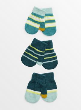 Green Striped Mittens 3 Pack One Size