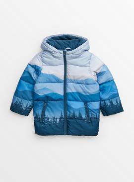 Blue Ombre Winter Print Puffer Coat 