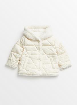 Cream Quilted Faux Fur Hooded Jacket 