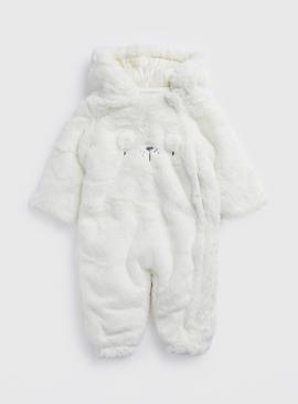 Cream Faux Fur Bear Hooded Snowsuit 