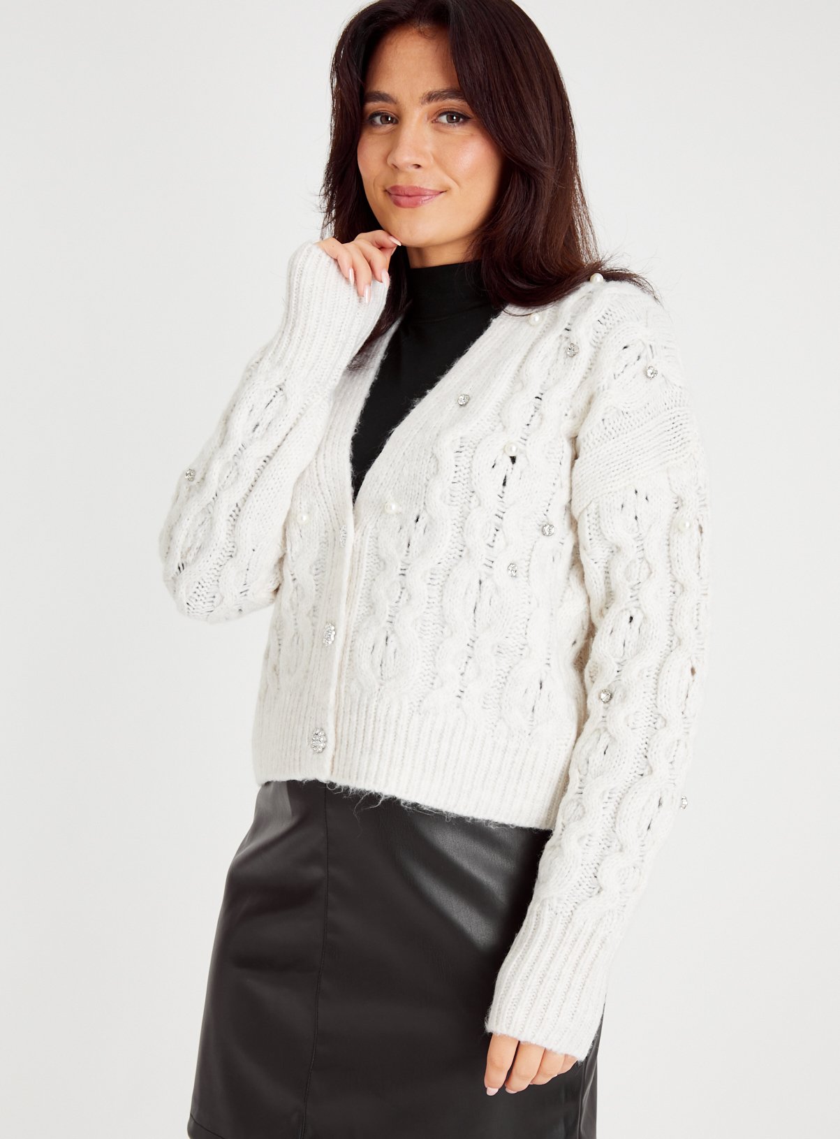 Cream Cable Knit Pearl & Diamante Cardigan 